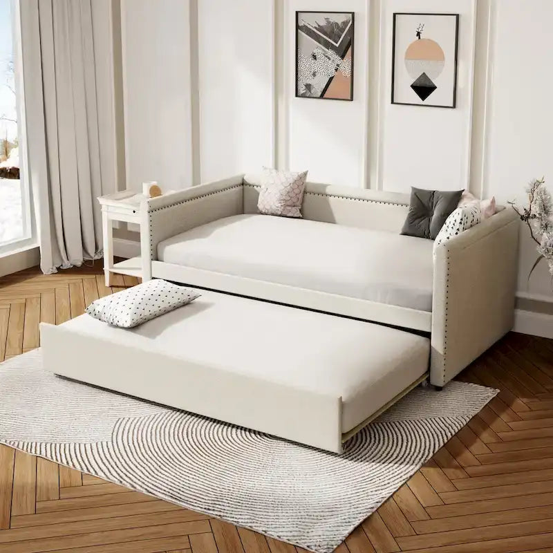 Twin Size Upholstered Daybed with Trundle Modern Linen Fabric, No Box Spring Needed
