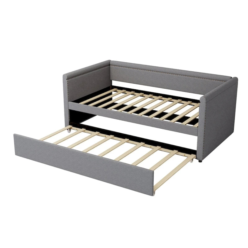 Twin Size Upholstered Daybed with Trundle Modern Linen Fabric, No Box Spring Needed