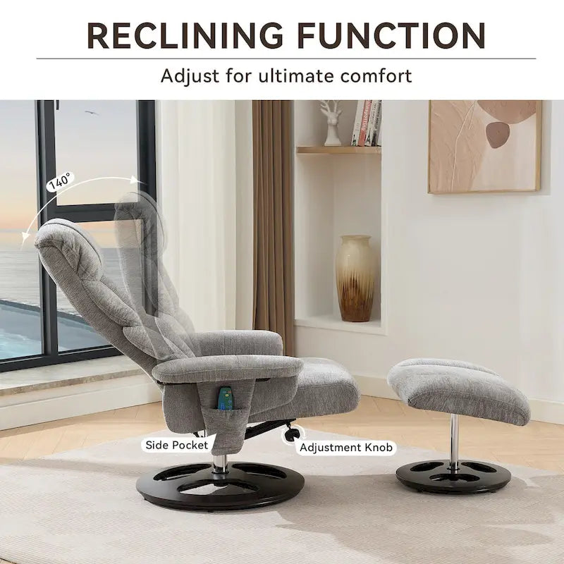 Chenille 360 Swivel Massage Recliner Chair with Ottoman, Massage and Heated Seat