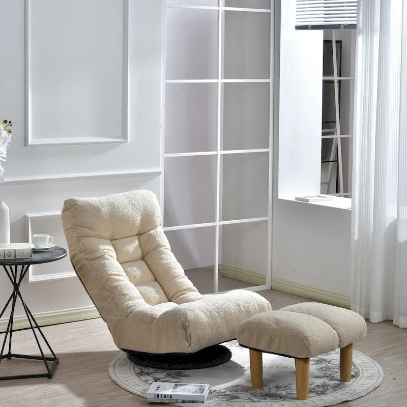 Beige Boucle Upholstered 360 Swivel Armless Manual Leisure Recliner Set with Ottoman, Adjustable Headrest and Backrest