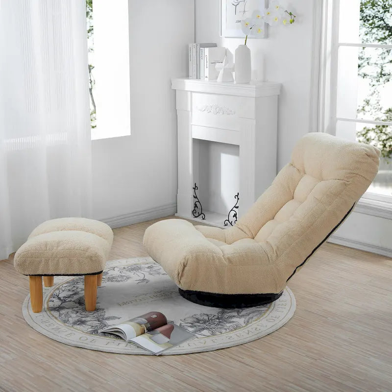 Beige Boucle Upholstered 360 Swivel Armless Manual Leisure Recliner Set with Ottoman, Adjustable Headrest and Backrest