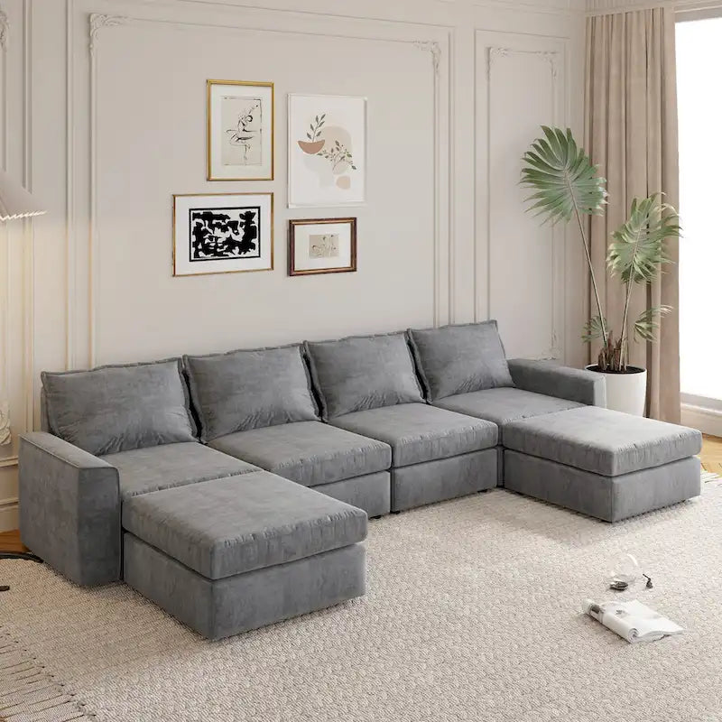 Grey 115 Convertible U-Shaped 6-Seat Modular Sectional Sofa with Ottoman, Customizable Fabric, and Tilting Armrests