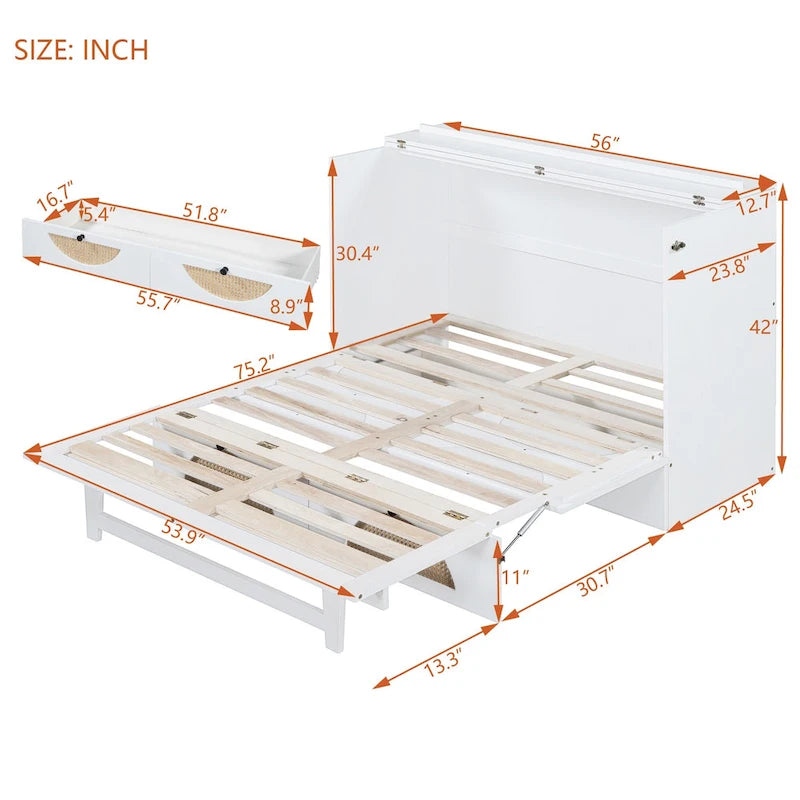 White Full Size Murphy Bed with Large Drawer, USB Ports, and Outlets