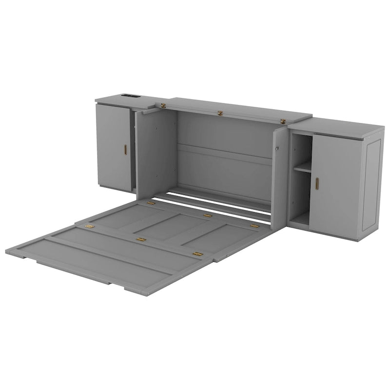 Gray Full Size Murphy Bed with Shelves, Cabinets, and USB Charging Ports