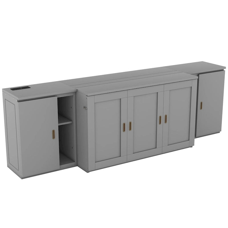 Gray Full Size Murphy Bed with Shelves, Cabinets, and USB Charging Ports