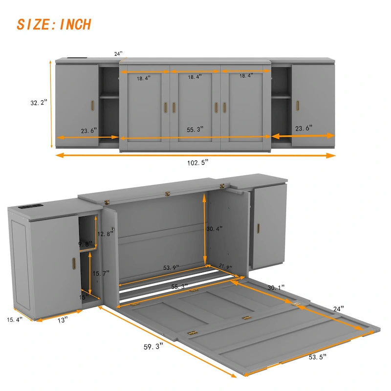 Gray Full Size Murphy Bed with Shelves, Cabinets, and USB Charging Ports