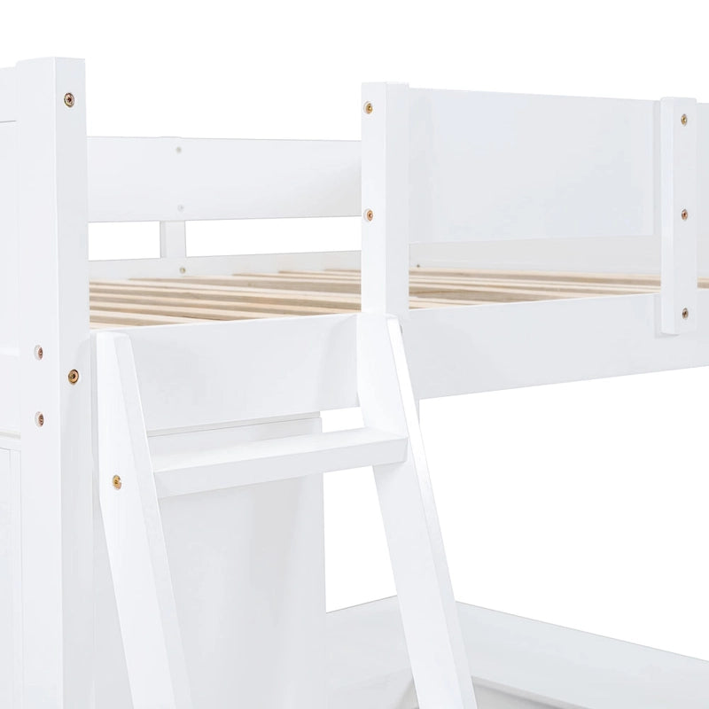 White Full Size Solid Wood Loft Bed with Desk and Shelf for Kids