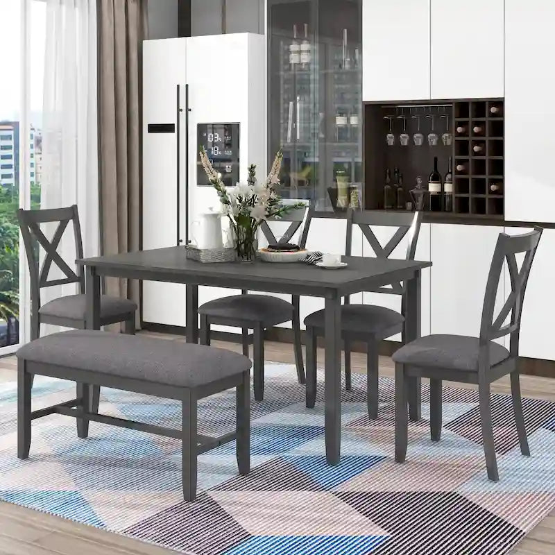 Gray Traditional 6-Piece Wooden Dining Table Set with 4 Upholstered Chairs and Bench
