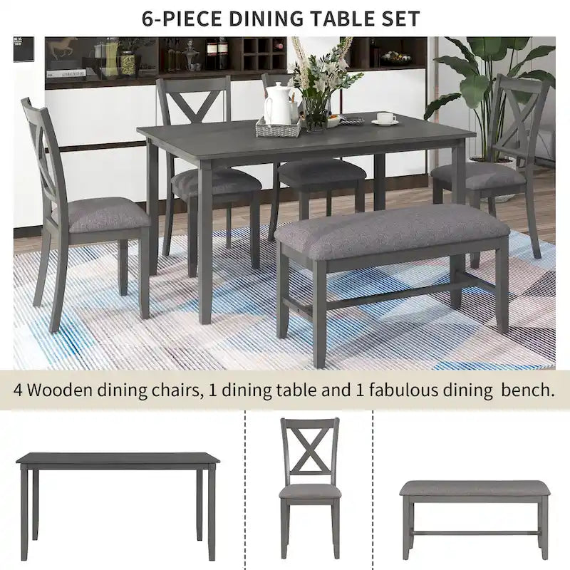 Gray Traditional 6-Piece Wooden Dining Table Set with 4 Upholstered Chairs and Bench