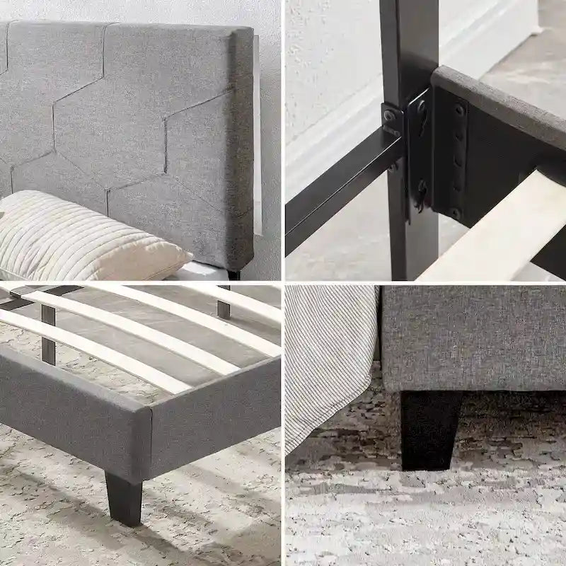 Grey Queen Upholstered Platform Bed with Wood Slat Support