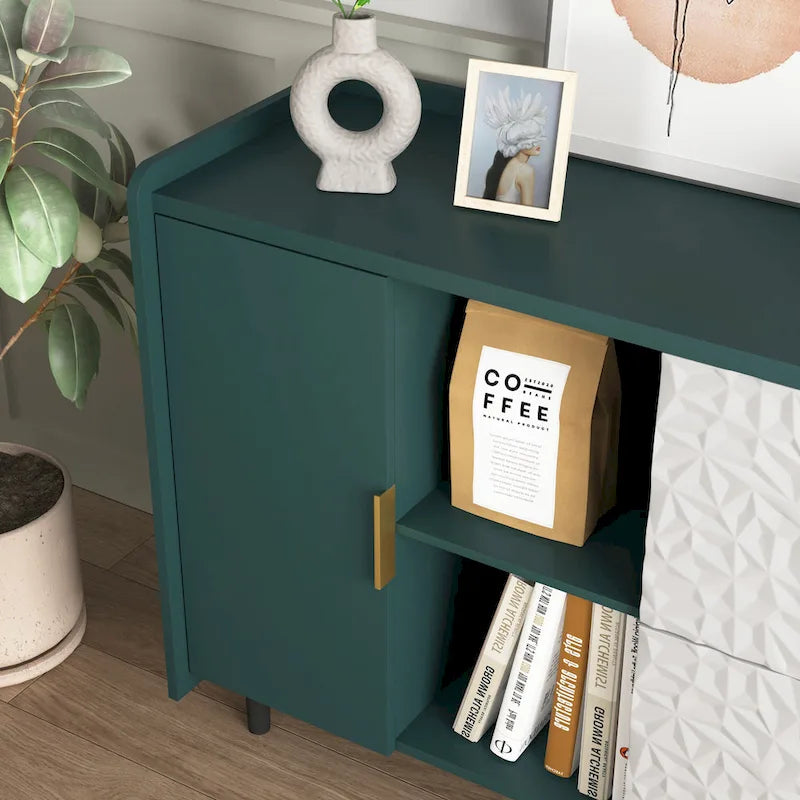 Modern Storage Cabinet with 2 Glass Doors, 2 Drawers and 2 Open Storage Compartment