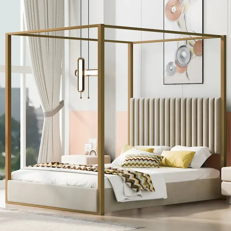 Queen Linen Canopy Bed with Headboard and Metal Frame