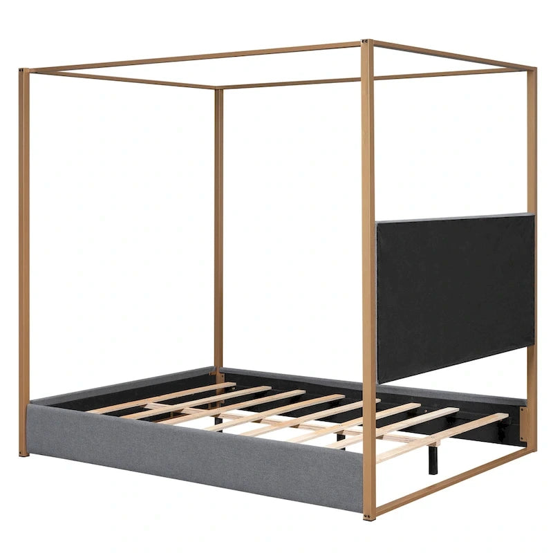 Queen Linen Canopy Bed with Headboard and Metal Frame
