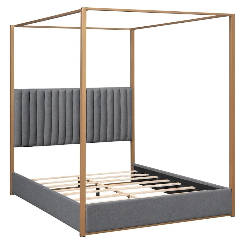 Queen Linen Canopy Bed with Headboard and Metal Frame