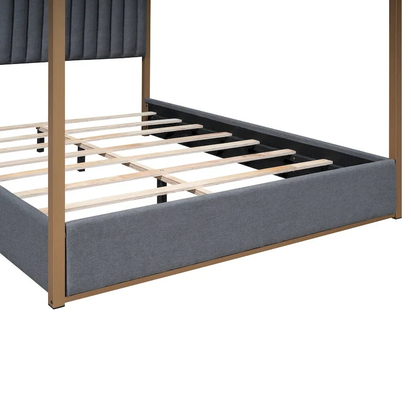Queen Linen Canopy Bed with Headboard and Metal Frame