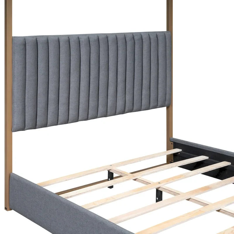 Queen Linen Canopy Bed with Headboard and Metal Frame