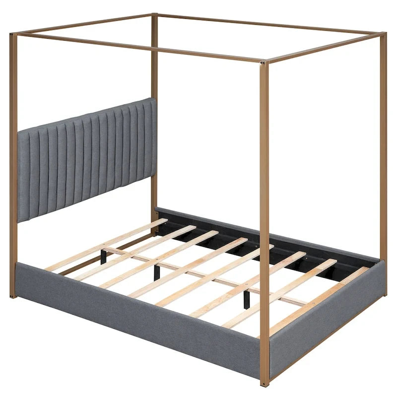 Queen Linen Canopy Bed with Headboard and Metal Frame