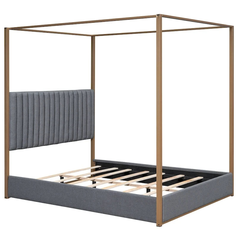 Queen Linen Canopy Bed with Headboard and Metal Frame