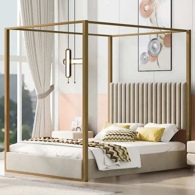 Queen Linen Canopy Bed with Headboard and Metal Frame