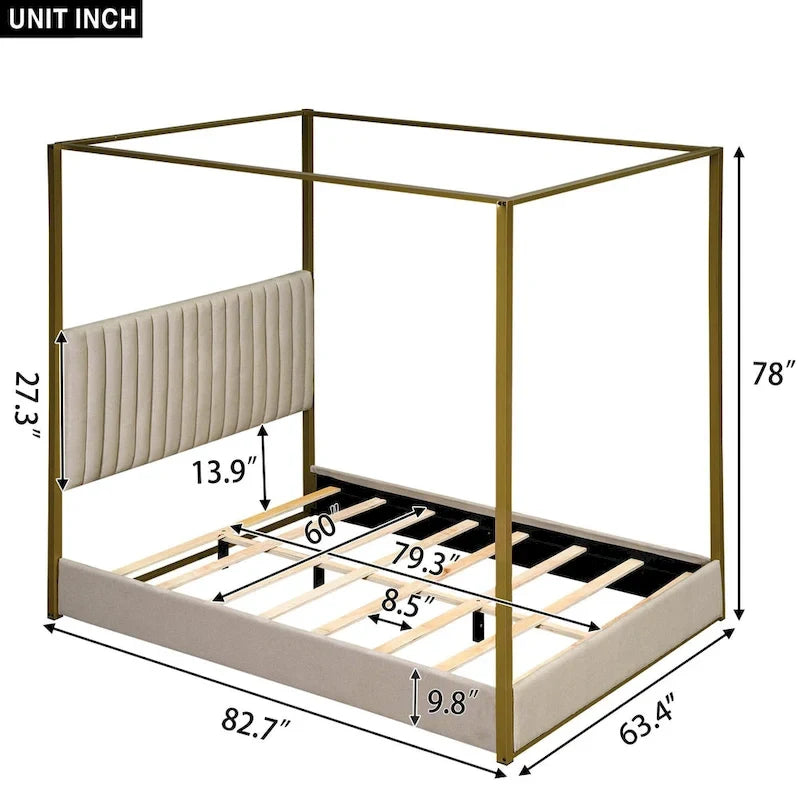 Queen Linen Canopy Bed with Headboard and Metal Frame