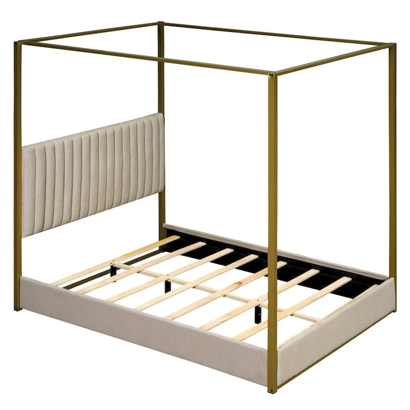Queen Linen Canopy Bed with Headboard and Metal Frame