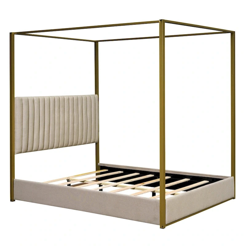 Queen Linen Canopy Bed with Headboard and Metal Frame