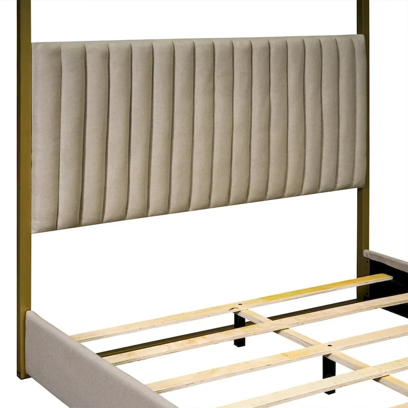 Queen Linen Canopy Bed with Headboard and Metal Frame