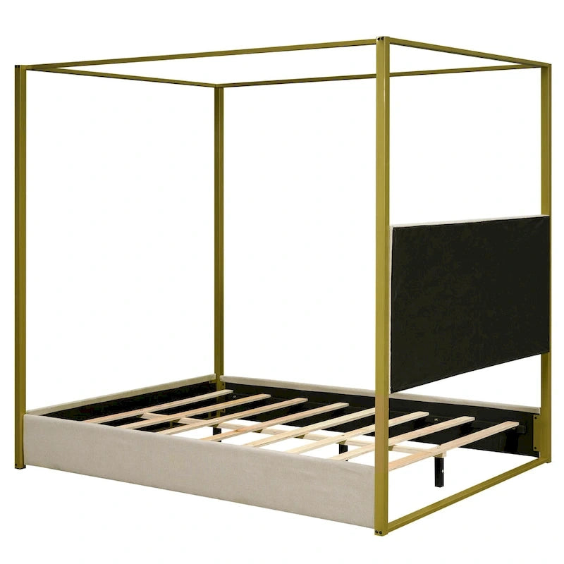 Queen Linen Canopy Bed with Headboard and Metal Frame