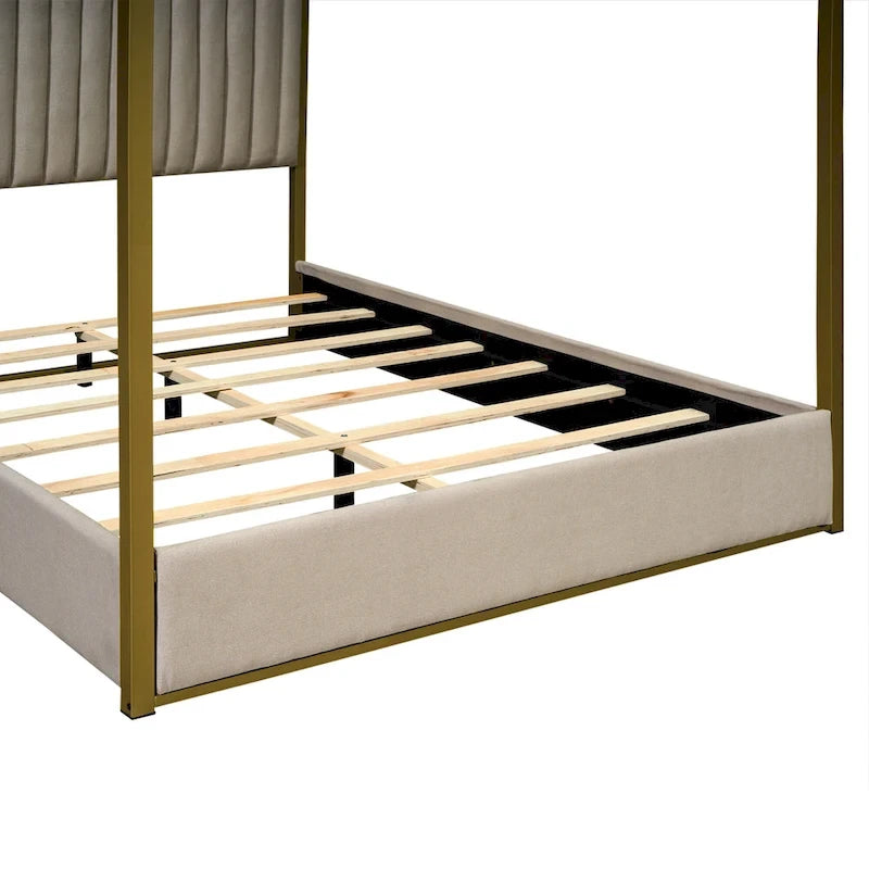 Queen Linen Canopy Bed with Headboard and Metal Frame