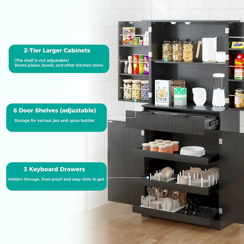 72H Kitchen Pantry Cabinet with 3 Keyboard Drawers,Freestanding Cabinet with 6 Door Shelves Adjustable,Cupboard Storage Cabinet
