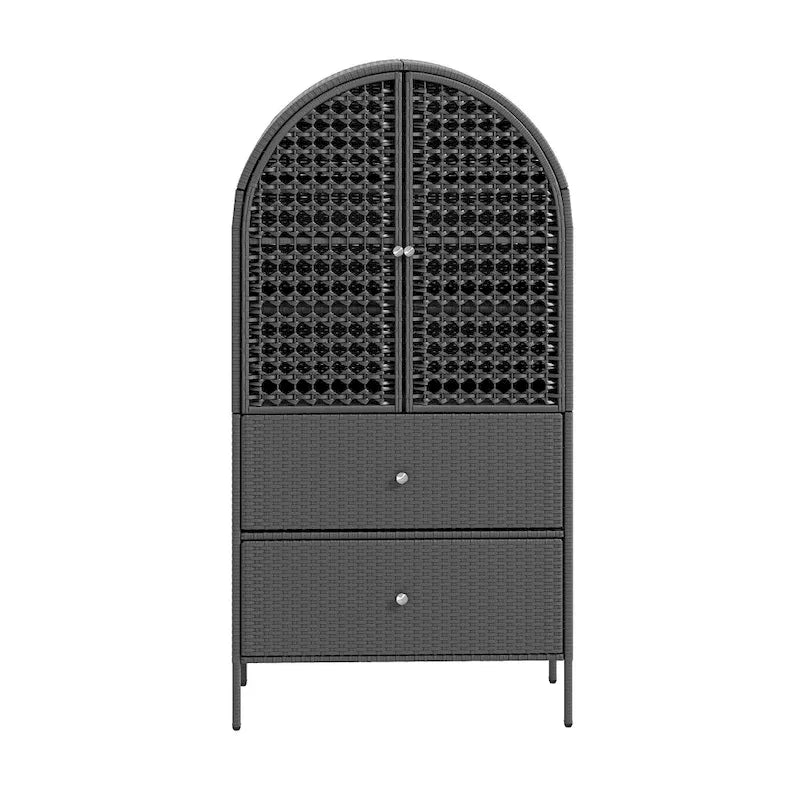Moasis 65 Tall Arched Wicker Kitchen Pantry Cabinet,Farmhouse Cupboard with 3 Shelves & 2 Drawers
