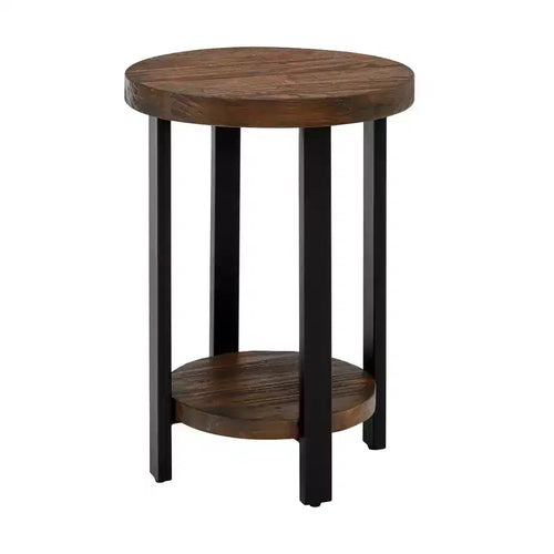 Alaterre Furniture 27&amp;#34; Pomona Diameter Round End Table Rustic Natural: Solid Wood, Metal Legs, Fixed Lower Shelf, Stained Finish