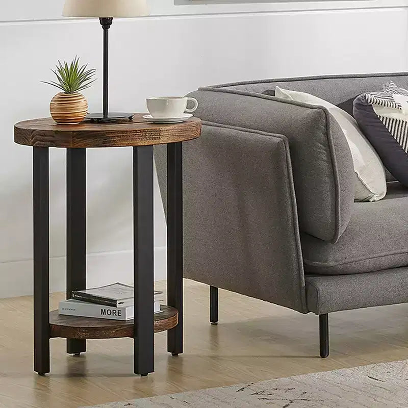 Table d'appoint ronde 27" Pomona diamètre, finition rustique naturelle : Bois massif, pieds en métal, étagère inférieure fixe, finition teintée