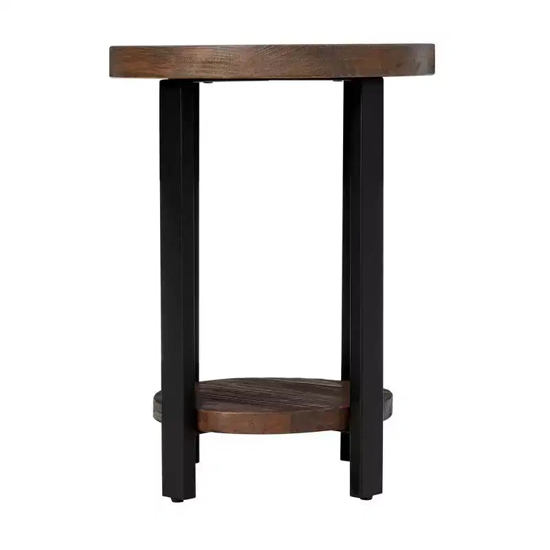 Table d'appoint ronde 27" Pomona diamètre, finition rustique naturelle : Bois massif, pieds en métal, étagère inférieure fixe, finition teintée