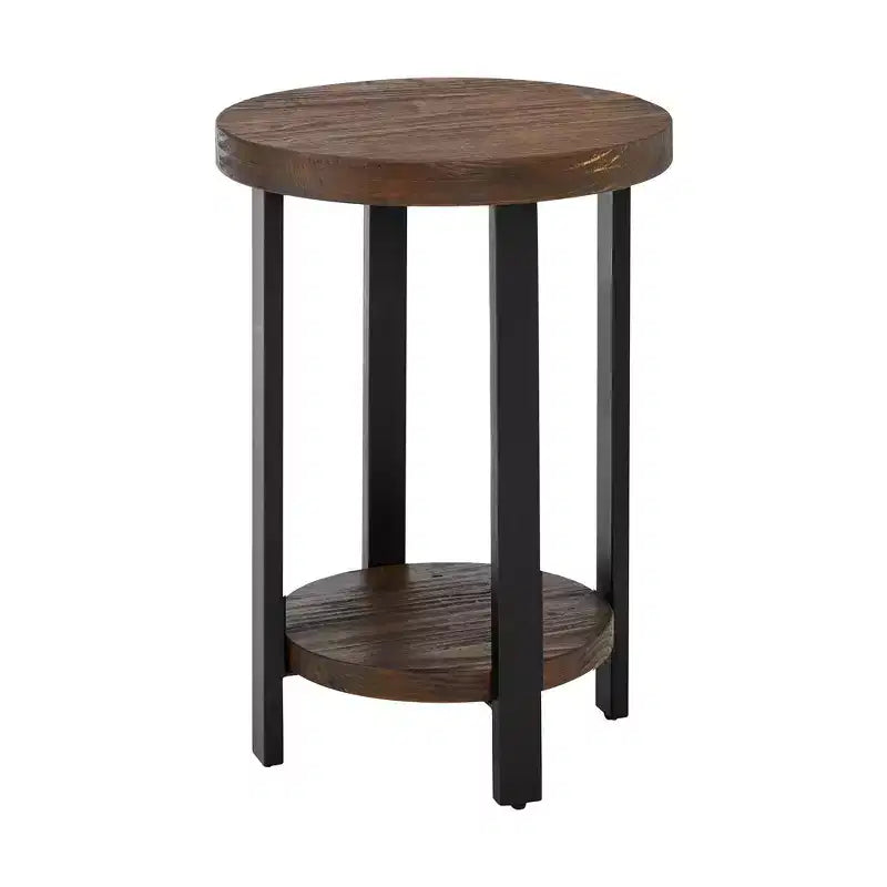 Table d'appoint ronde 27" Pomona diamètre, finition rustique naturelle : Bois massif, pieds en métal, étagère inférieure fixe, finition teintée