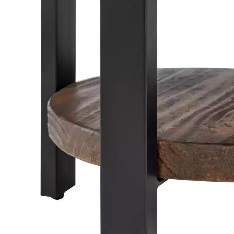 Table d'appoint ronde 27" Pomona diamètre, finition rustique naturelle : Bois massif, pieds en métal, étagère inférieure fixe, finition teintée