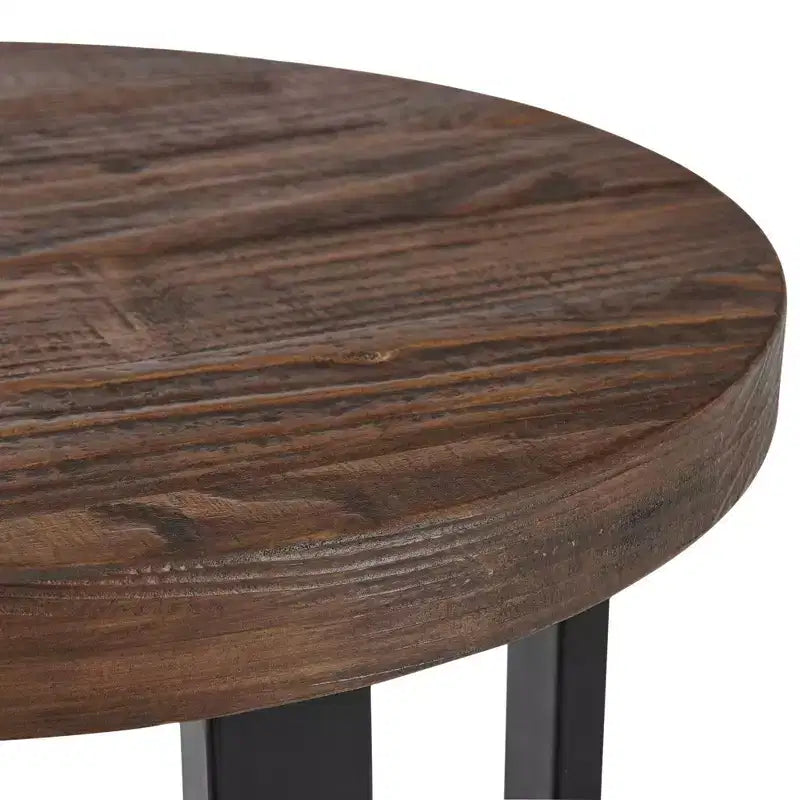 Table d'appoint ronde 27" Pomona diamètre, finition rustique naturelle : Bois massif, pieds en métal, étagère inférieure fixe, finition teintée
