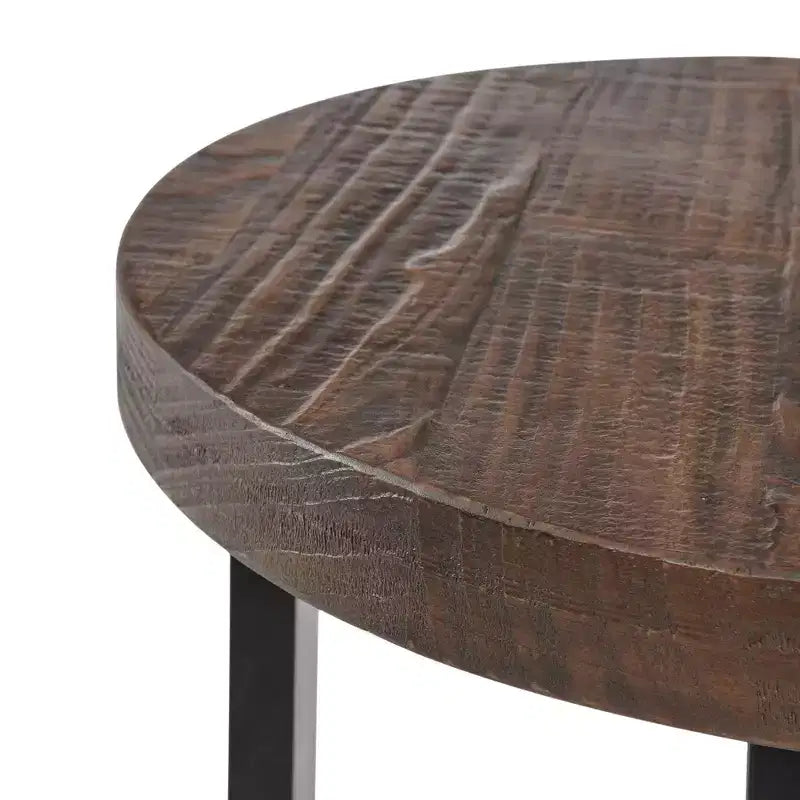 Table d'appoint ronde 27" Pomona diamètre, finition rustique naturelle : Bois massif, pieds en métal, étagère inférieure fixe, finition teintée