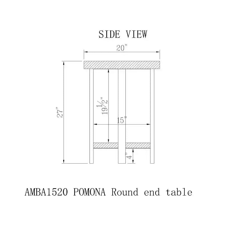 Table d'appoint ronde 27" Pomona diamètre, finition rustique naturelle : Bois massif, pieds en métal, étagère inférieure fixe, finition teintée