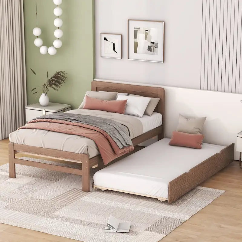 Twin Size Walnut Finish Wood Platform Trundle Bed