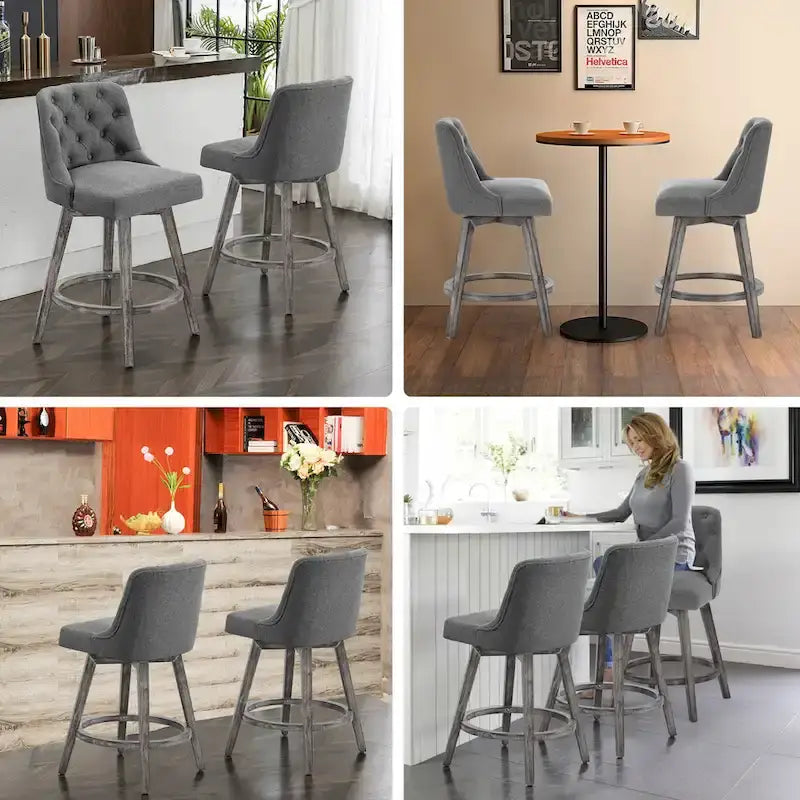 HOMYKA Tufted Swivel Bar Stool with Wood Grain Chair Legs Set of 4