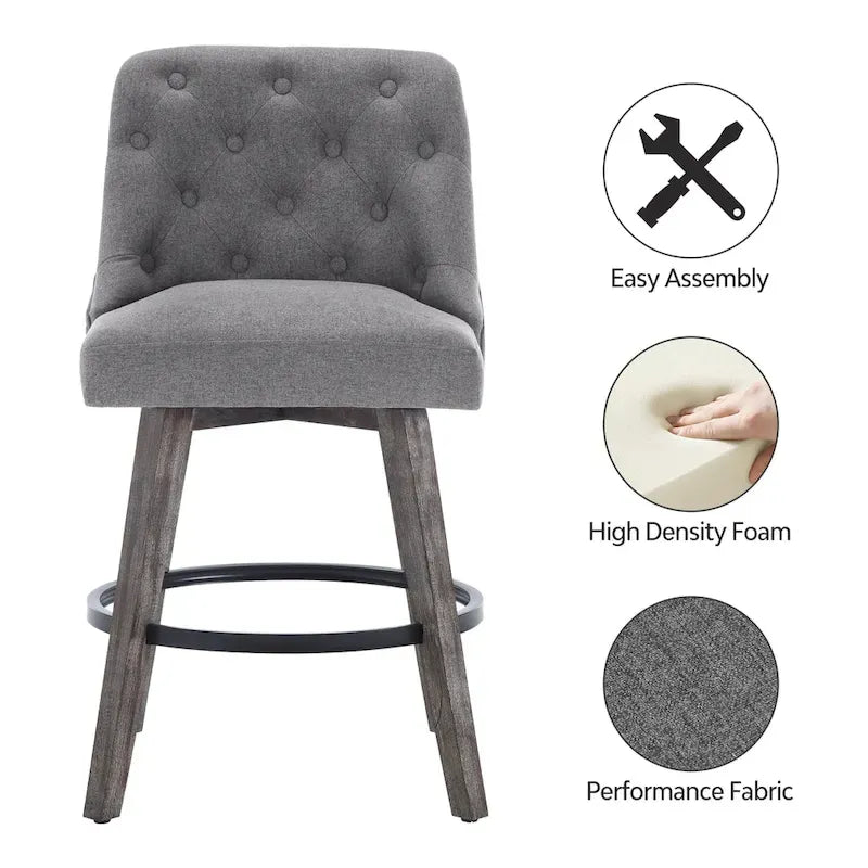 HOMYKA Tufted Swivel Bar Stool with Wood Grain Chair Legs Set of 4