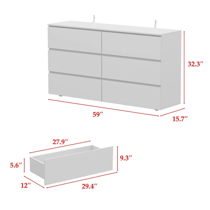 Premium 59-inch 6 Drawers White Floor Double Dresser by Kerrogee