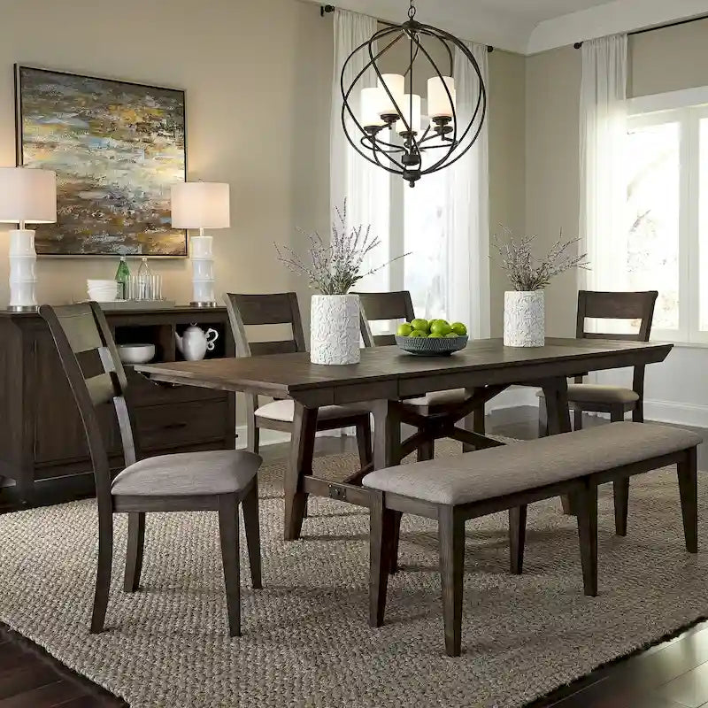 Double Bridge Dark Chestnut Trestle Table Set