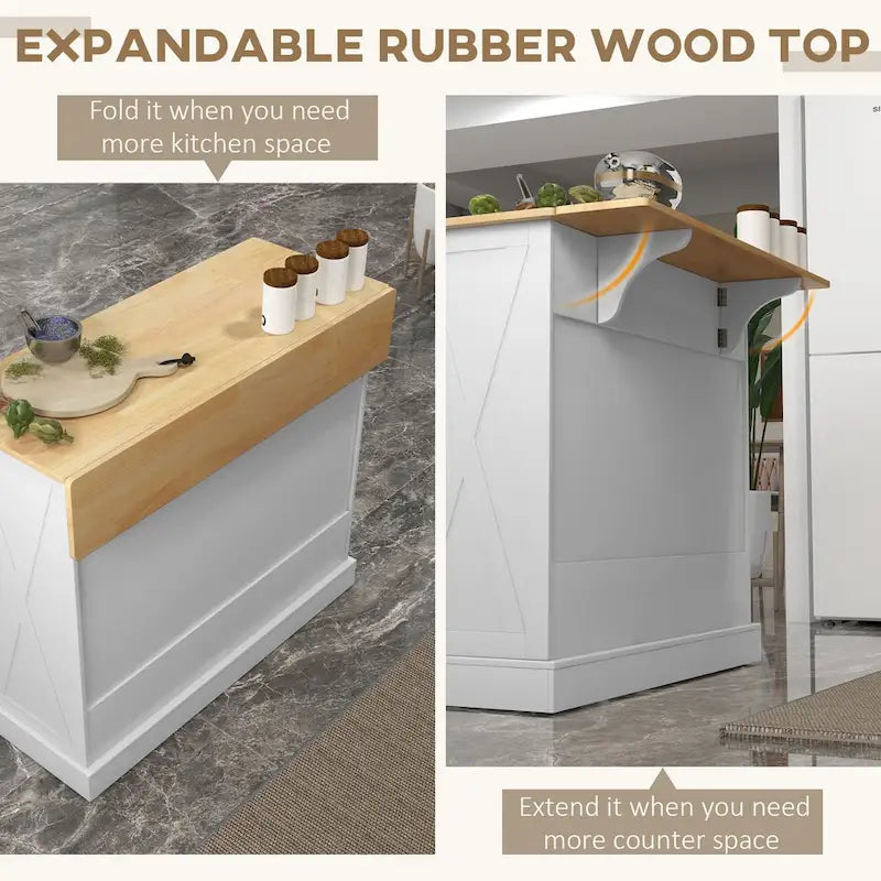 HOMCOM Rolling Kitchen Island with Drop Leaf Wood Breakfast Bar, Farmhouse Kitchen Cart with 2 Drawers, White