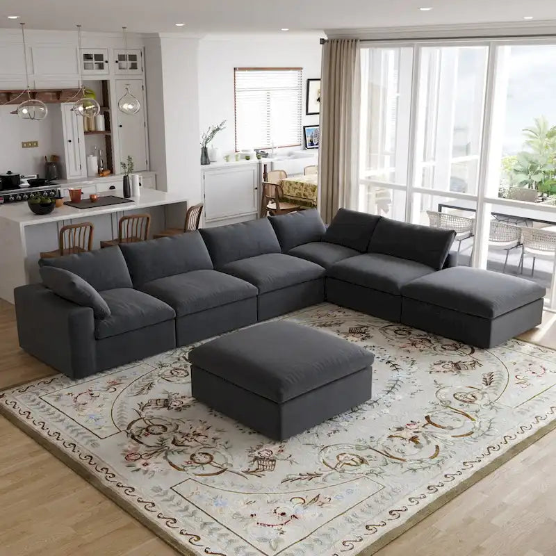 160 in. Free Combination Overstuffed Down Filled Comfort Linen U-shape 6-Seat Sofa Modular Sectional with Ottoman
