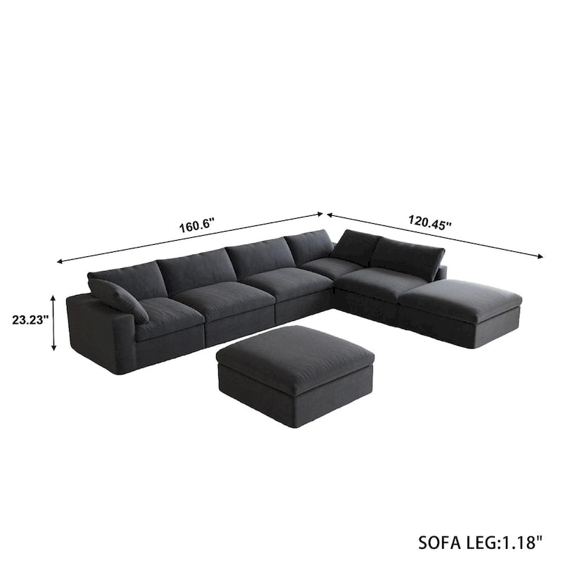 160 in. Free Combination Overstuffed Down Filled Comfort Linen U-shape 6-Seat Sofa Modular Sectional with Ottoman