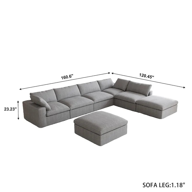 160 in. Free Combination Overstuffed Down Filled Comfort Linen U-shape 6-Seat Sofa Modular Sectional with Ottoman