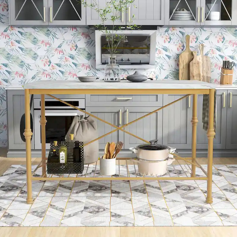 Avya Contemporary White and Gold 58-inch Wide Marble Top Kitchen Island by Furniture of America