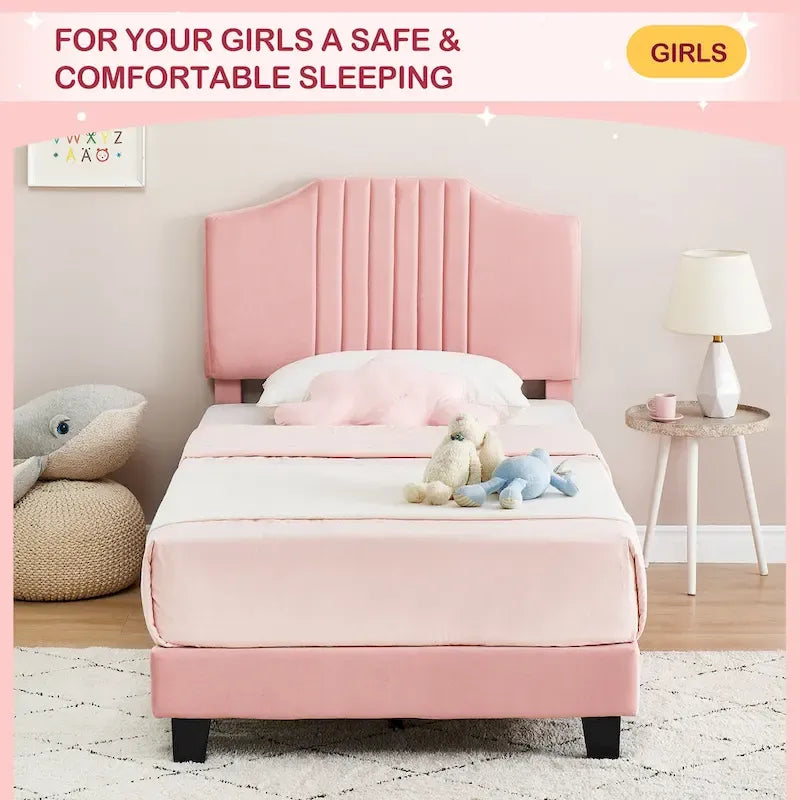Twin Bed Frame for Kids, Upholstered Platform Bed Frame with Headboard